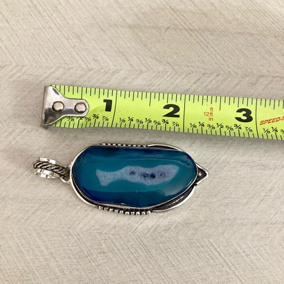 925 sterling silver overlay charm blue geode agate slice gemstone boho necklace - Picture 15 of 15